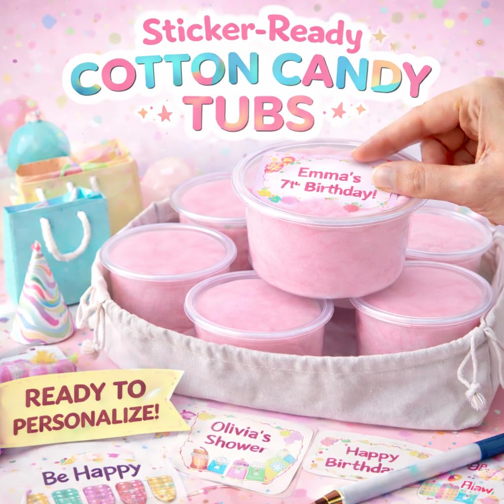 Cotton Candy Tubs - Customizable - 12-Pack (1.25 oz ea) | PINK STRAWBERRY | Sticker-Ready Party Favors, Gifts | Lupy Lups!