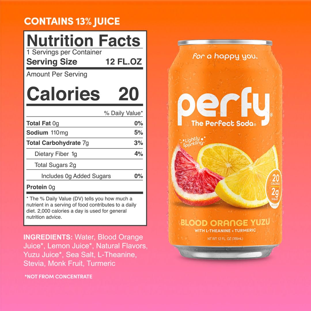 PERFY Nootropic Calm Soft Soda Drink Variety Pack | 4 Flavors: Dr. Perfy, Blood Orange Yuzu, Tropical Citrus, Fruit Punch (12oz Cans) | L-Theanine +