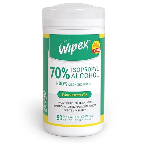 Wipex Alcohol Wipes with 70% Isopropyl Alcohol, 80 CT Lint-Free Cloth in Sealed Canister to clean Surfaces, Electronics, Computer Screens, Glasses, 80