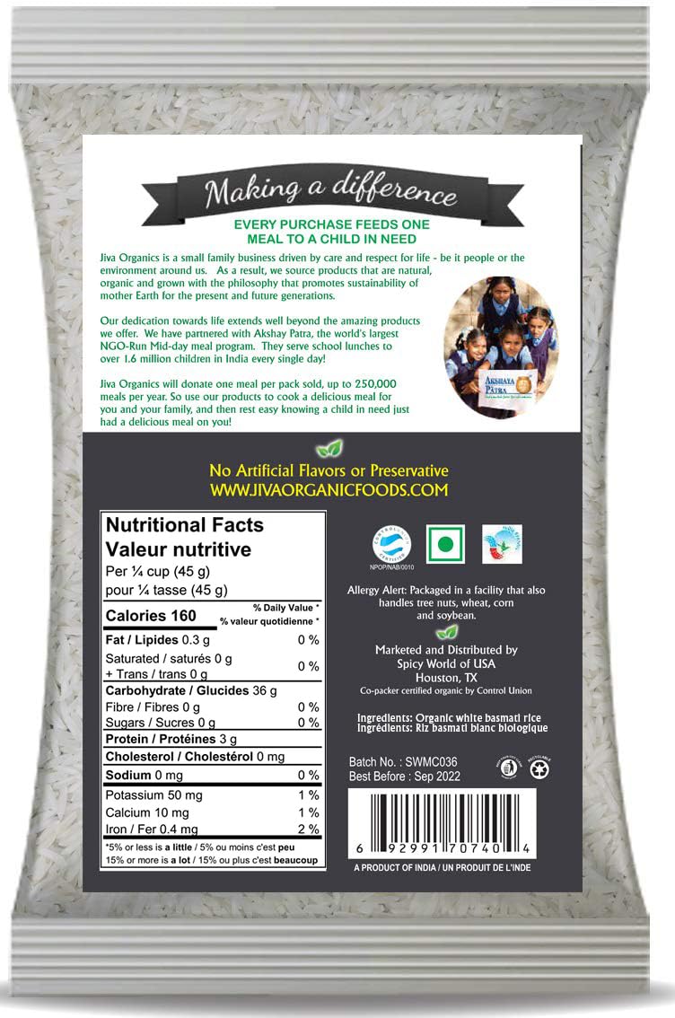Organic Basmati Rice 4 LB Bag - Pure, Extra Long, Premium Quality from India - By Jiva Organics