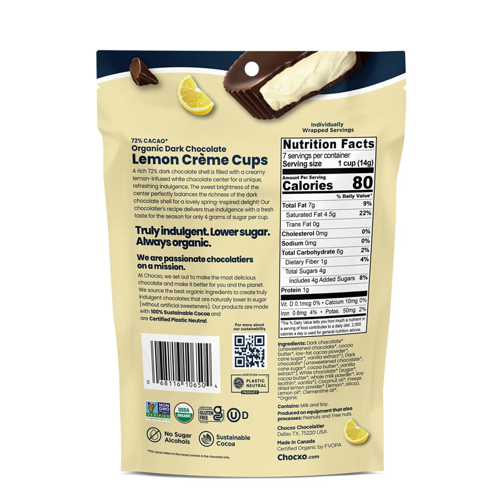 Chocxo Organic Dark Chocolate Lemon Creme Cups, 3.45 OZ