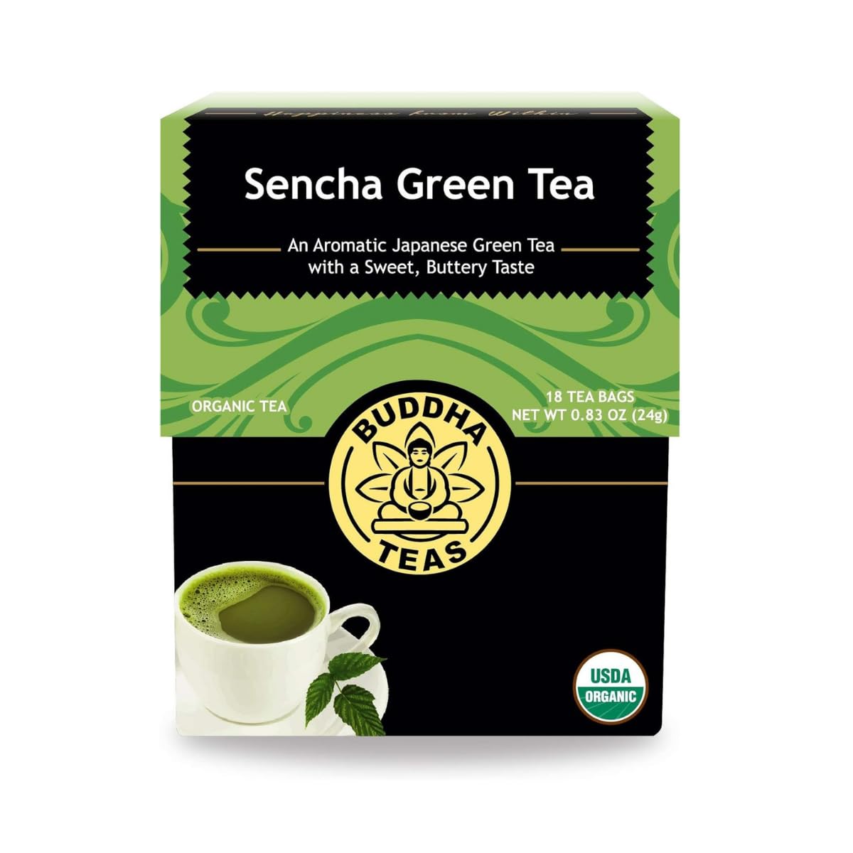 Buddha Teas - Organic Sencha Green Tea - For Health & Wellbeing - Japanese Green Tea - With Antioxidants & Minerals - Clean Ingredients - Caffeinated