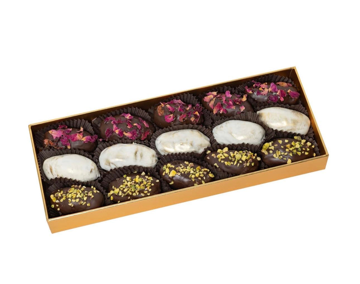 Chocolate Covered Dates Stuffed with Walnuts - 15 Piece Gourmet Gift Box - Dark & White Chocolate Assortment with Pistachios & Rose Petals - Luxury