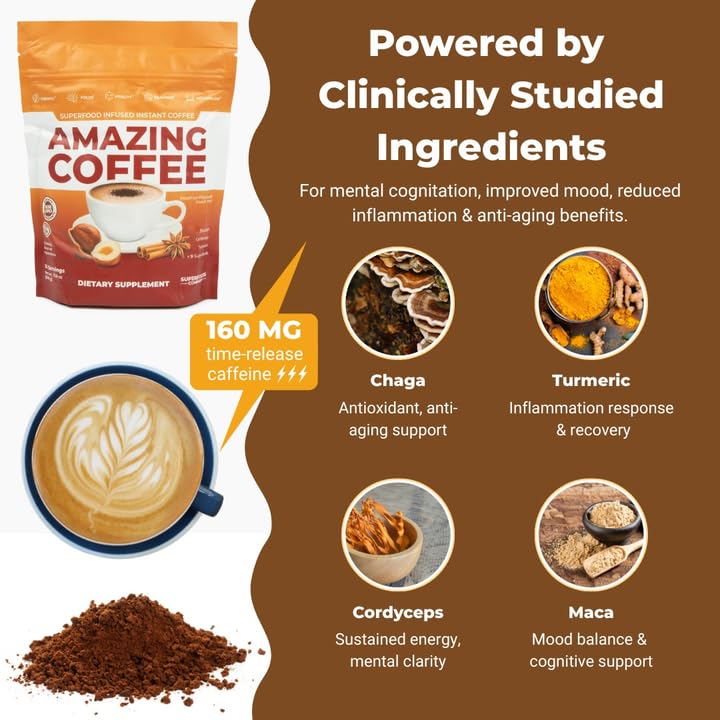 Superfoods Company | Amazing Coffee - Instant Coffee| Mushrooms, Superfoods - Hazelnut French Roast - Gluten Free, Non-GMO, Sugar Free, Vegan, Keto