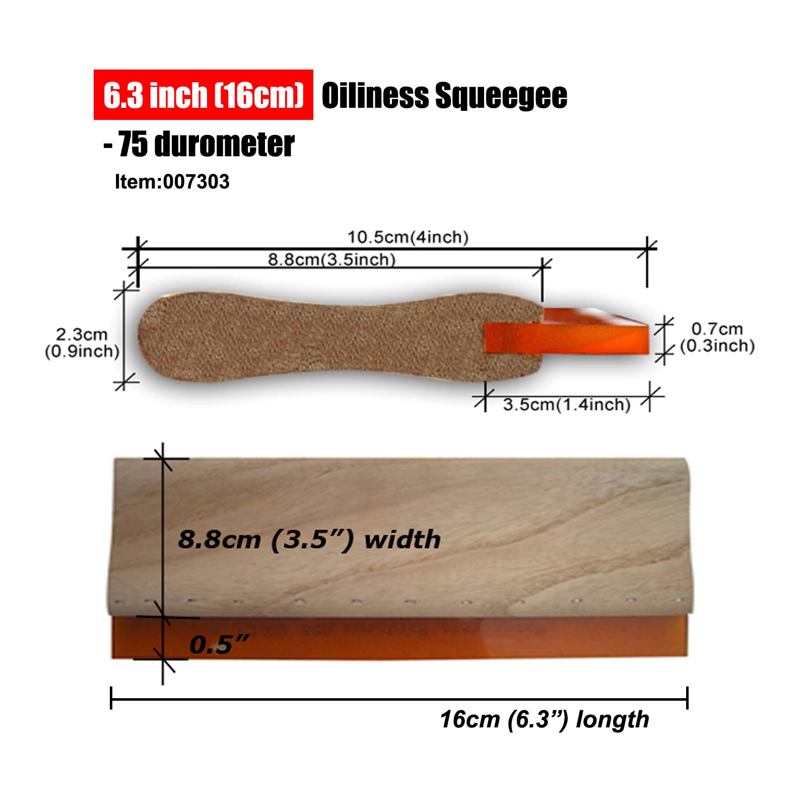 BREVELTION Silk Screen Printing Squeegee Rubber Wood Oilness Scraper for Ink Silk Screen Printing Manually 75 Durometer 6.3inch
