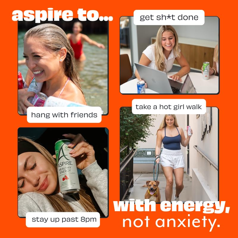 ASPIRE® Mango Lemonade, Healthy Energy Drink 80mg Natural Caffeine, Zero Sugar No Carbs Keto Friendly, 24 Pack Green Tea Sugar Free Drink Low Caffeine