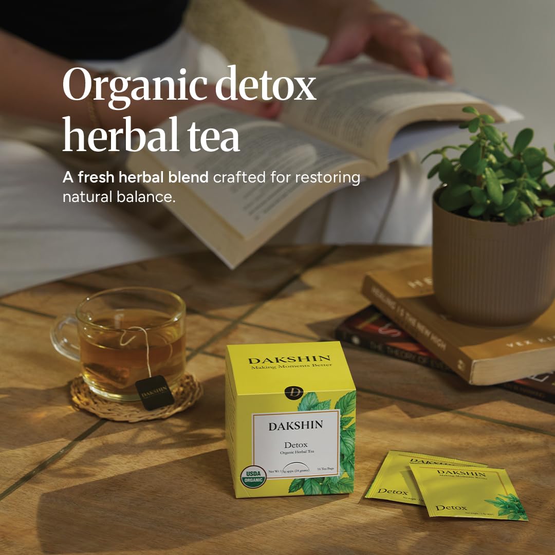DAKSHIN Organic Detox Tea Bags | Lemongrass, Tulsi, Echinacea, Dandelion & Ginger | Naturally Cleansing Daily Wellness Tea | Caffeine-Free | USDA
