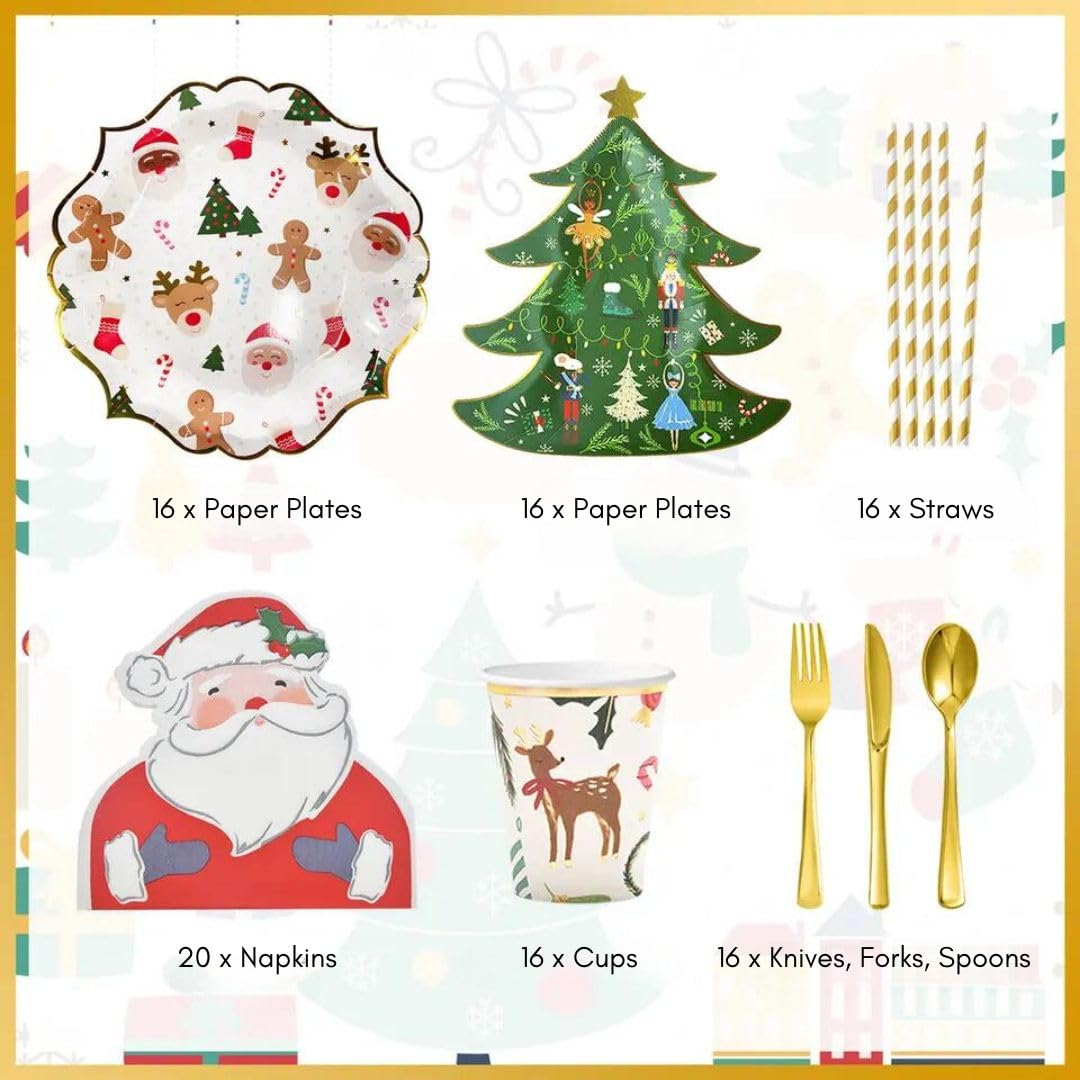 Christmas Disposable Dinnerware Set - Serves 16 - Holiday Party Supplies with Paper Plates, Cups, Napkins, Straws, Gold Cutlery for Christmas, Winter