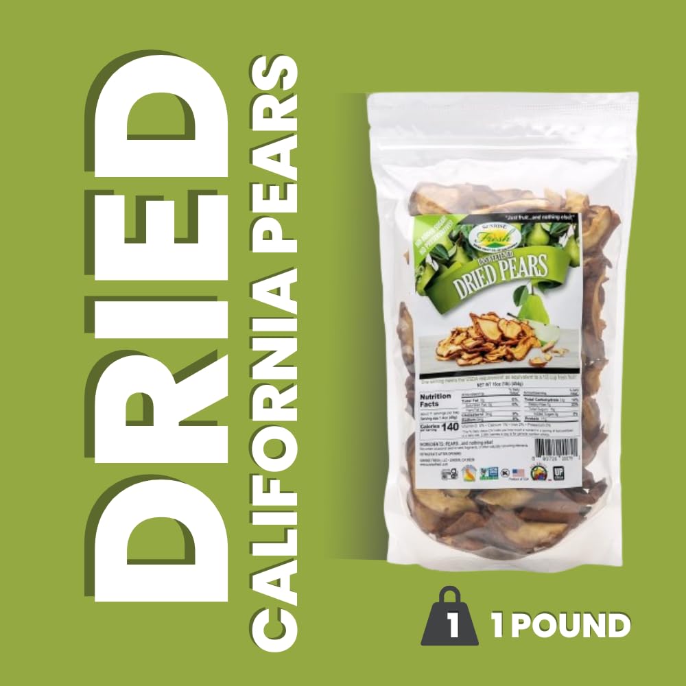 Sunrise Fresh Dried Fruit Company Unsweetened No Sugar Added No Preservative No Sulfur Dried California Pears, 1 lb Resealable Bag