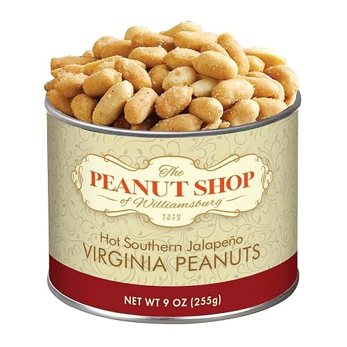 The Peanut Shop of Williamsburg Hot Southern Jalapeno Peanuts with Jalapeno, Onion, Garlic, Hand Cooked Virginia Peanuts, Gluten Free, Kosher - 9 Oz