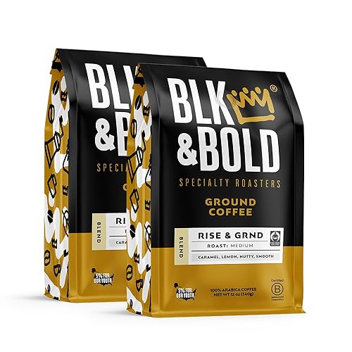 BLK & Bold Ground Coffee, Rise & GRND Medium Roast, Toffee Lemon Nutty Notes, For Drip Coffee Maker, French Press & Coffee Pot, 12 oz Bags (2 Pack)