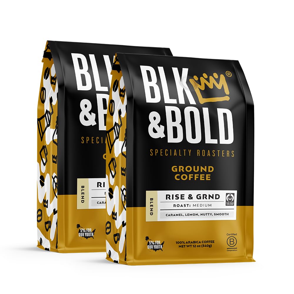 BLK & Bold Ground Coffee, Rise & GRND Medium Roast, Toffee Lemon Nutty Notes, For Drip Coffee Maker, French Press & Coffee Pot, 12 oz Bags (2 Pack)