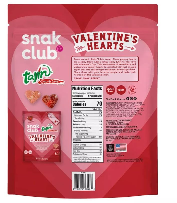 Snak Club Tajin Valentine's Heart Gummies Multipack - 16ct