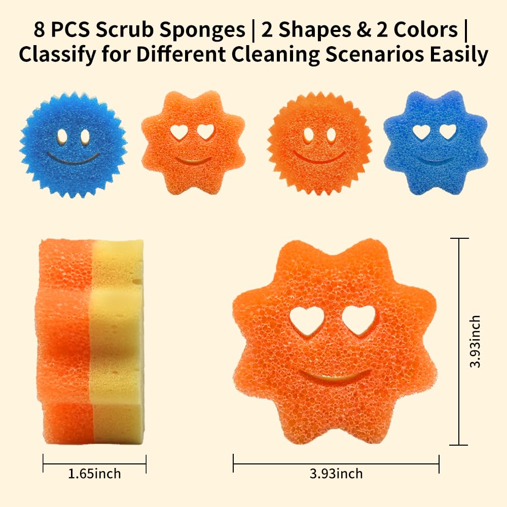 8 Pack Scrub Sponges, BIH Smile Dual-Sided Dish Sponge, 2 Shapes Temperature Sensitive Non Scratch Kitchen Sponges for Kitchen, Bathroom, Windows