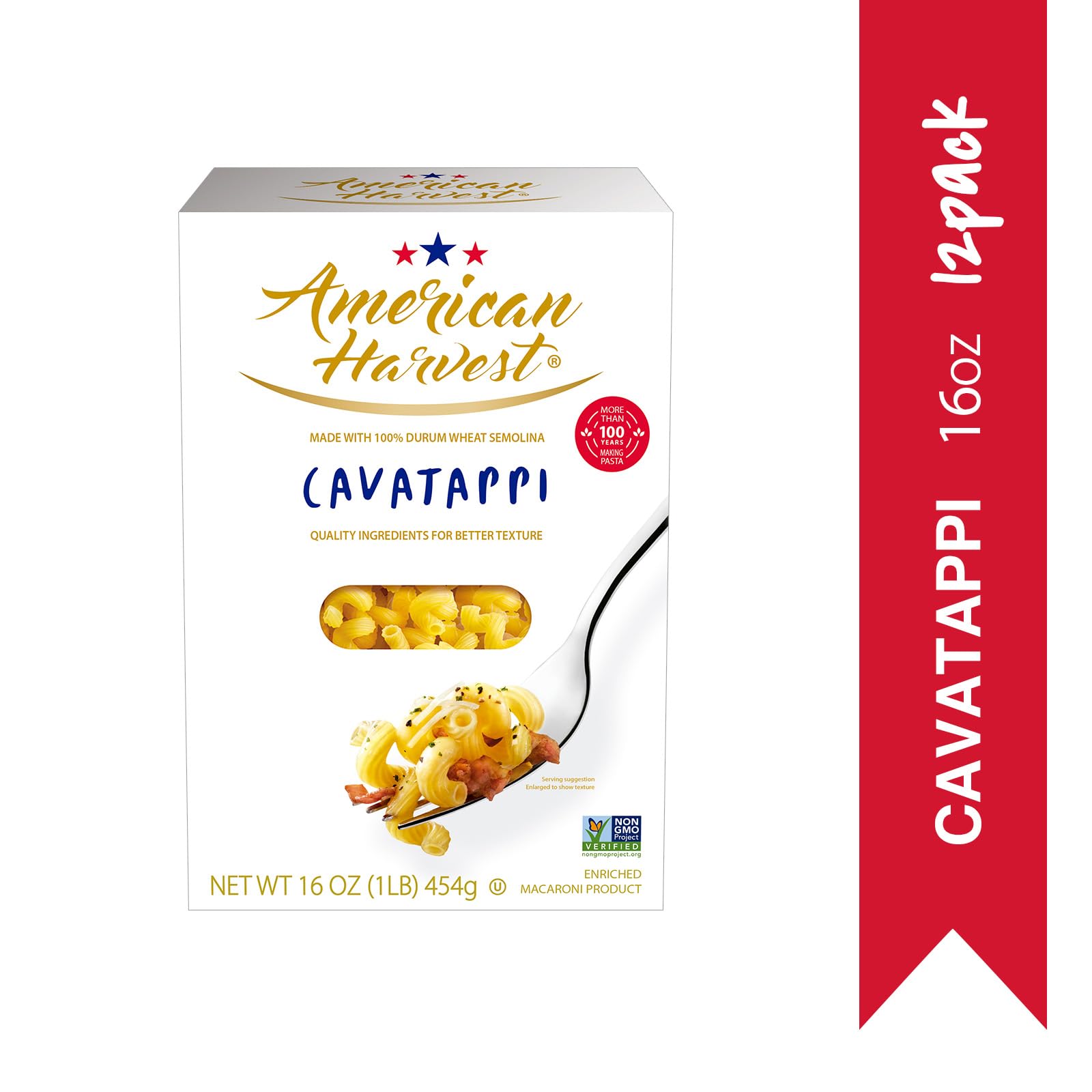 AMERICAN HARVEST, Cavatappi Pasta, Enriched Durum Wheat, 16 oz (12 Pack) | Made in America, Non-GMO, Fast-Cook, Pantry Staple | 100 Years