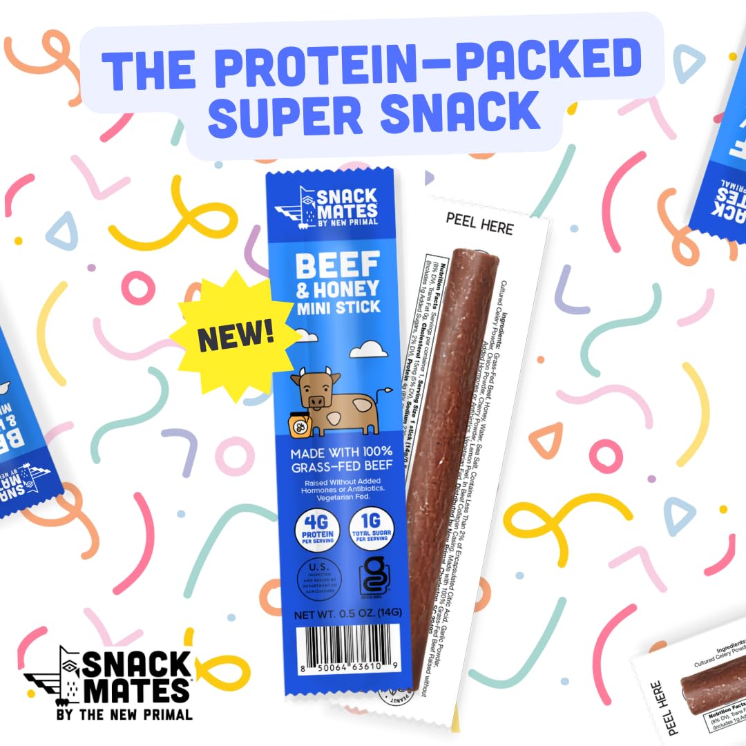 New Primal Snack Mates Beef & Honey Sticks, Healthy Snacks for Kids, Low Sugar High Protein Back to School Snacks, Gluten Free, Mini Jerky Meat Stick