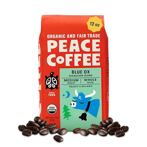 Peace Coffee Blue Ox Blend Medium Roast Whole Bean Coffee, 12 oz, Organic Fair Trade, Creamy, Mild Flavor, Shade Grown, Fresh Roasted