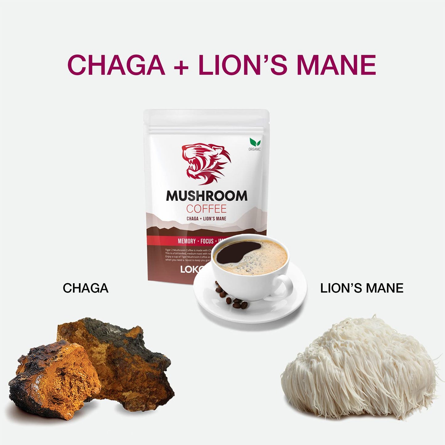 LOKO nature Tiger 2 Mushroom Coffee- Organic Lions Mane and Chaga Mushroom with Arabica Coffee, 30 Servings, Memory, Focus, Immune System Booster