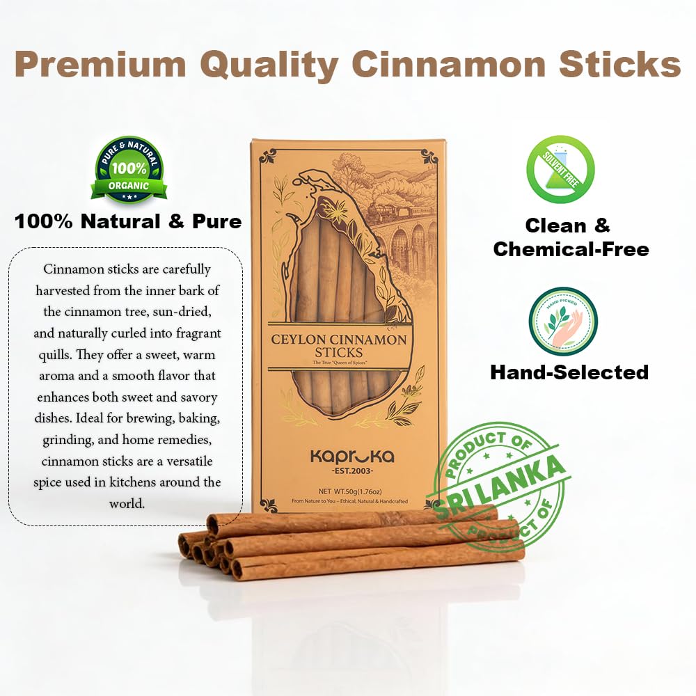 Organic Ceylon Cinnamon Sticks 50g | Organic Ceylon Cinnamon from Sri Lanka Premium Quality Cinnamon, Gluten-Free, GMO-Free Spice for Baking, Cooking