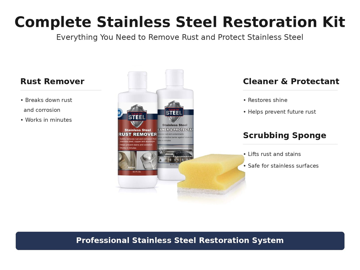 CLEAN MY STEEL Stainless Steel Rust Remover and Protector Kit, NSF Certified, 8.5 oz, Includes B570 Rust Remover, B580 Cleaner and Protector, Sponge