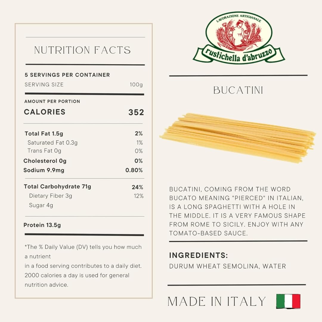 Rustichella d’Abruzzo Italian Long Pasta Variety 3-Pack - Bucatini, Spaghetti & Fusilli col Buco - 3 x 17.6 oz (500g) Artisan Durum Wheat Semolina