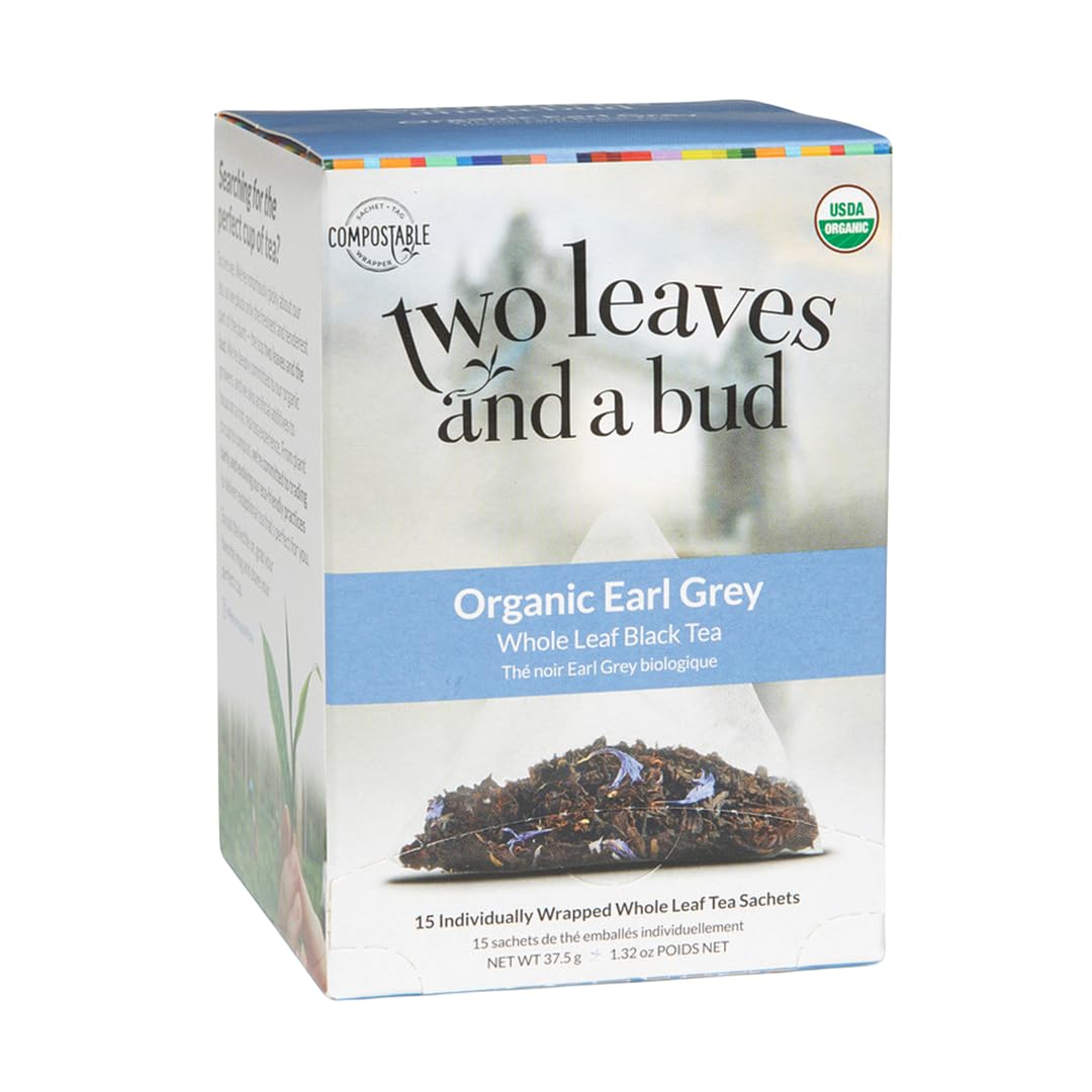 Two Leaves and a Bud Organic Earl Grey Tea Bags, Whole Leaf Caffeinated Black Tea in Pyramid Sachets, 15 Count (Pack of 1)