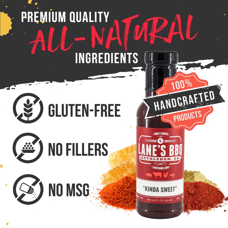 Lane's Kinda Sweet BBQ Sauce, All-Natural Chicken Marinade Barbecue Sauce, Perfect for Beef, Pork, Marinated Chicken Wing Sauce, Made in USA, 13.5 Oz