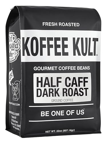 Koffee Kult Half Caff Coffee Whole Bean Dark Roast Half Caffeine Decaf Low Acid Naturally Decaffeinated (32oz, Ground)