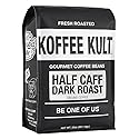 Koffee Kult Half Caff Coffee Whole Bean Dark Roast Half Caffeine Decaf Low Acid Naturally Decaffeinated (32oz, Ground)