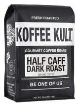 Koffee Kult Half Caff Coffee Whole Bean Dark Roast Half Caffeine Decaf Low Acid Naturally Decaffeinated (32oz, Ground)