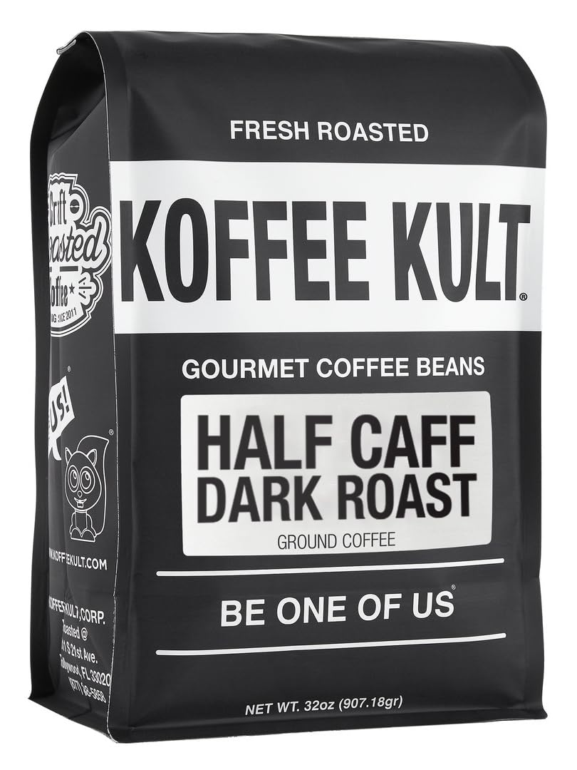 Koffee Kult Half Caff Coffee Whole Bean Dark Roast Half Caffeine Decaf Low Acid Naturally Decaffeinated (32oz, Ground)