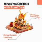 ZK Himalayan Salt Cooking Block 8"x8"x1” Plate with Steel Tray Holder- Food Grade Rock Salt for Grilling, Cutting, and Serving, Salt Slab a Unique