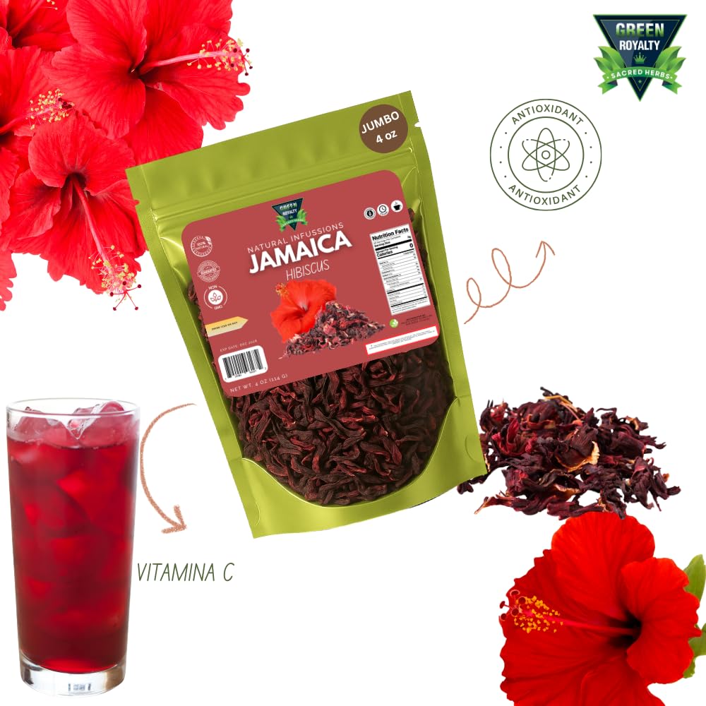 Green Royalty Jamaica (Hibiscus) 4 oz - 100% Natural Dried Hibiscus Flowers - Non-GMO, Gluten-Free, Caffeine-Free Herbal Infusion - Resealable Bag