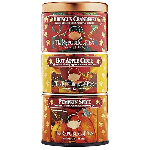 The Republic of Tea - Harvest Stackable Tea Tin, 36 Tea Bags, Hibiscus Cranberry Herb, Hot Apple Cider Herb, and Pumpkin Spice Black, Gluten Free