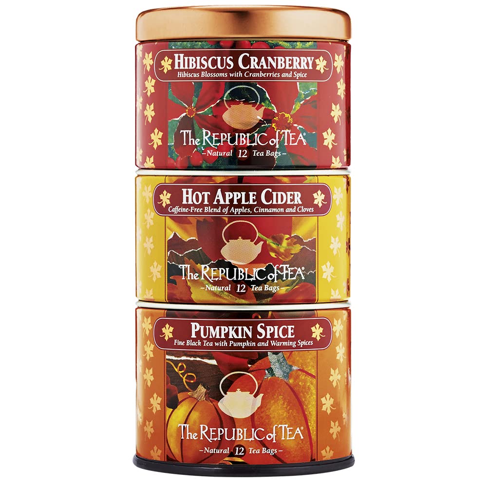 The Republic of Tea - Harvest Stackable Tea Tin, 36 Tea Bags, Hibiscus Cranberry Herb, Hot Apple Cider Herb, and Pumpkin Spice Black, Gluten Free