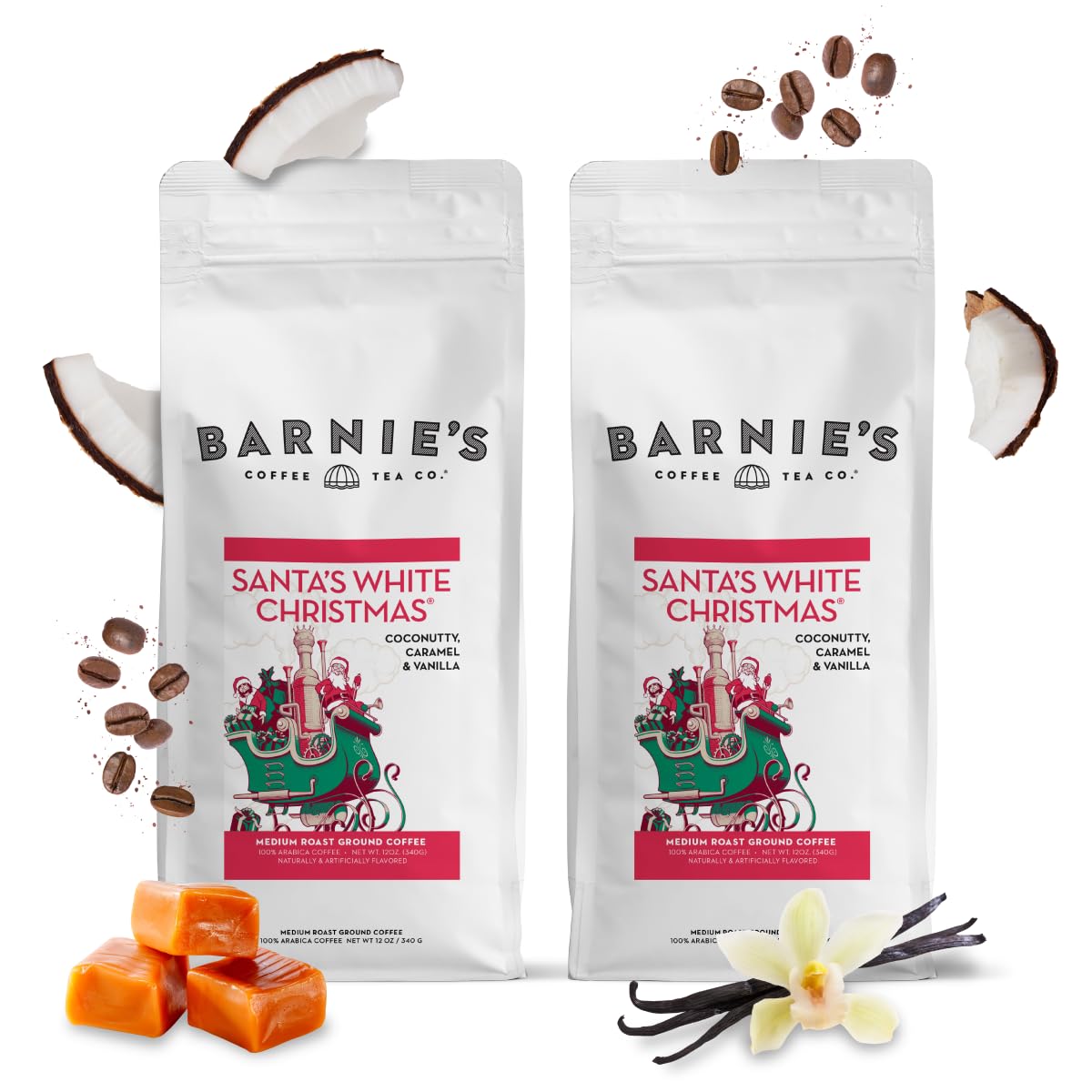 Barnie's Coffee Santa's White Christmas Ground Coffee with Coconut, Caramel, and Warm Vanilla Flavors, Medium Roasted Arabica Coffee Beans, 12 oz Bag