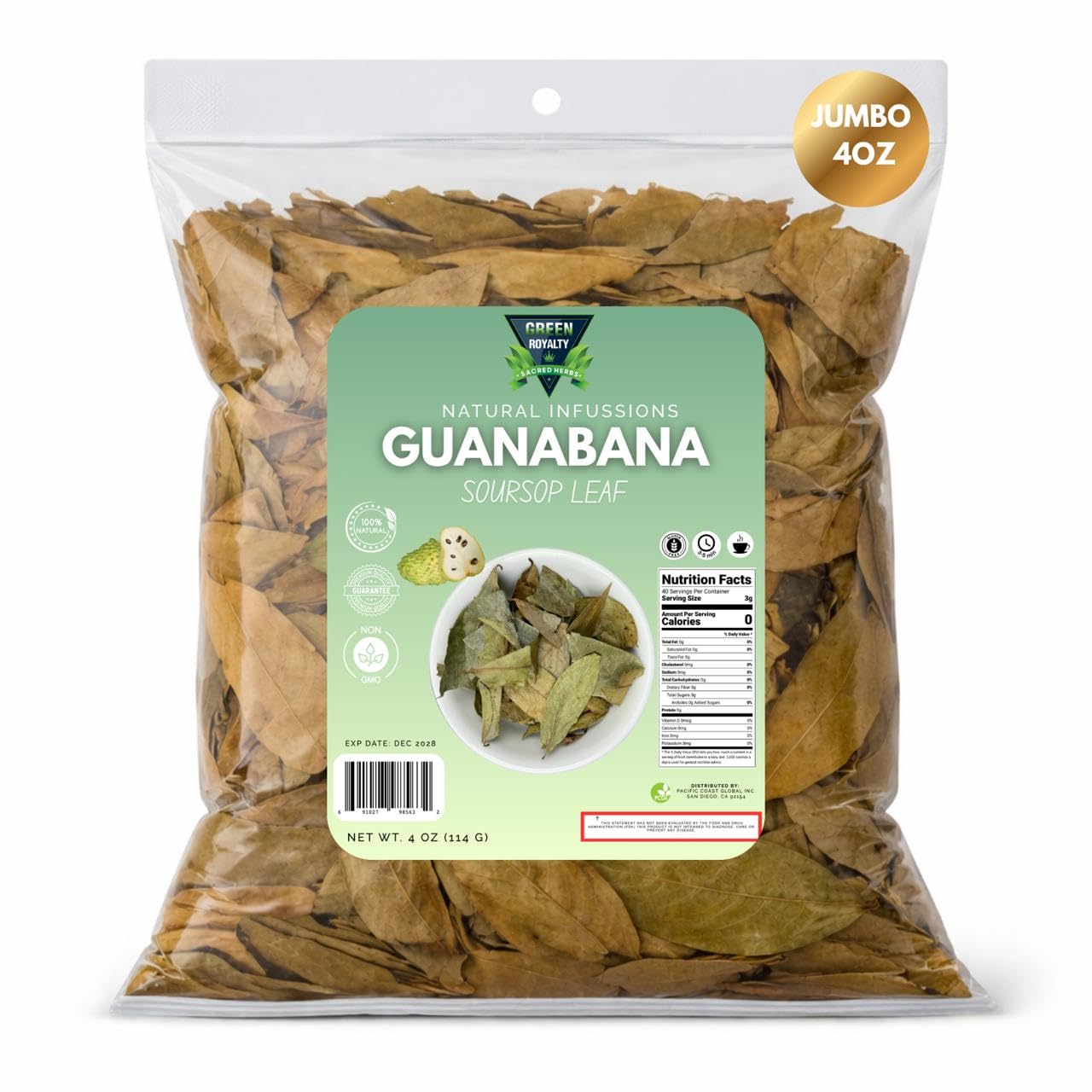 Hojas de Guanábana (té de hojas de guanábana) - Jumbo 4 onzas - 100% natural, vegano, sin OMG, elaborado en la naturaleza y auténtico - Té de hierbas