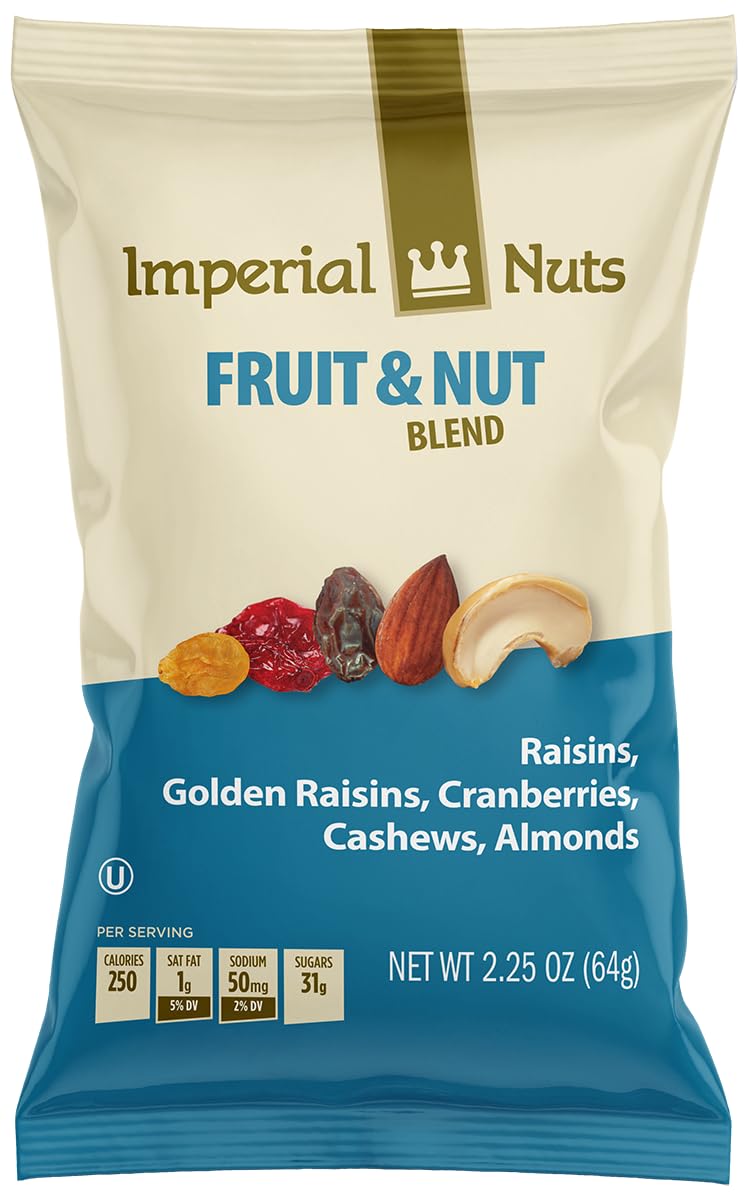 Imperial Nuts - Dried Fruit & Nut Blend (18 Pack x 2.25 oz) Featuring Raisins, Cranberries, Cashews, Golden Raisins & Almonds Nuts Snack Bags for On