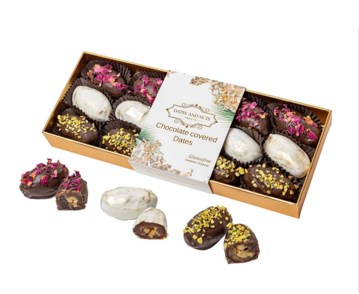 Chocolate Covered Dates Stuffed with Walnuts - 15 Piece Gourmet Gift Box - Dark & White Chocolate Assortment with Pistachios & Rose Petals - Luxury