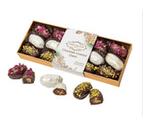 Chocolate Covered Dates Stuffed with Walnuts - 15 Piece Gourmet Gift Box - Dark & White Chocolate Assortment with Pistachios & Rose Petals - Luxury