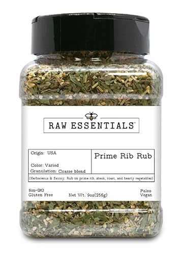 Raw Essentials Prime Rib Rub - Herbaceous and Savory - Rub on Prime Ribs, Steaks, Roasts, and Vegetables - 9 Ounce Bottle