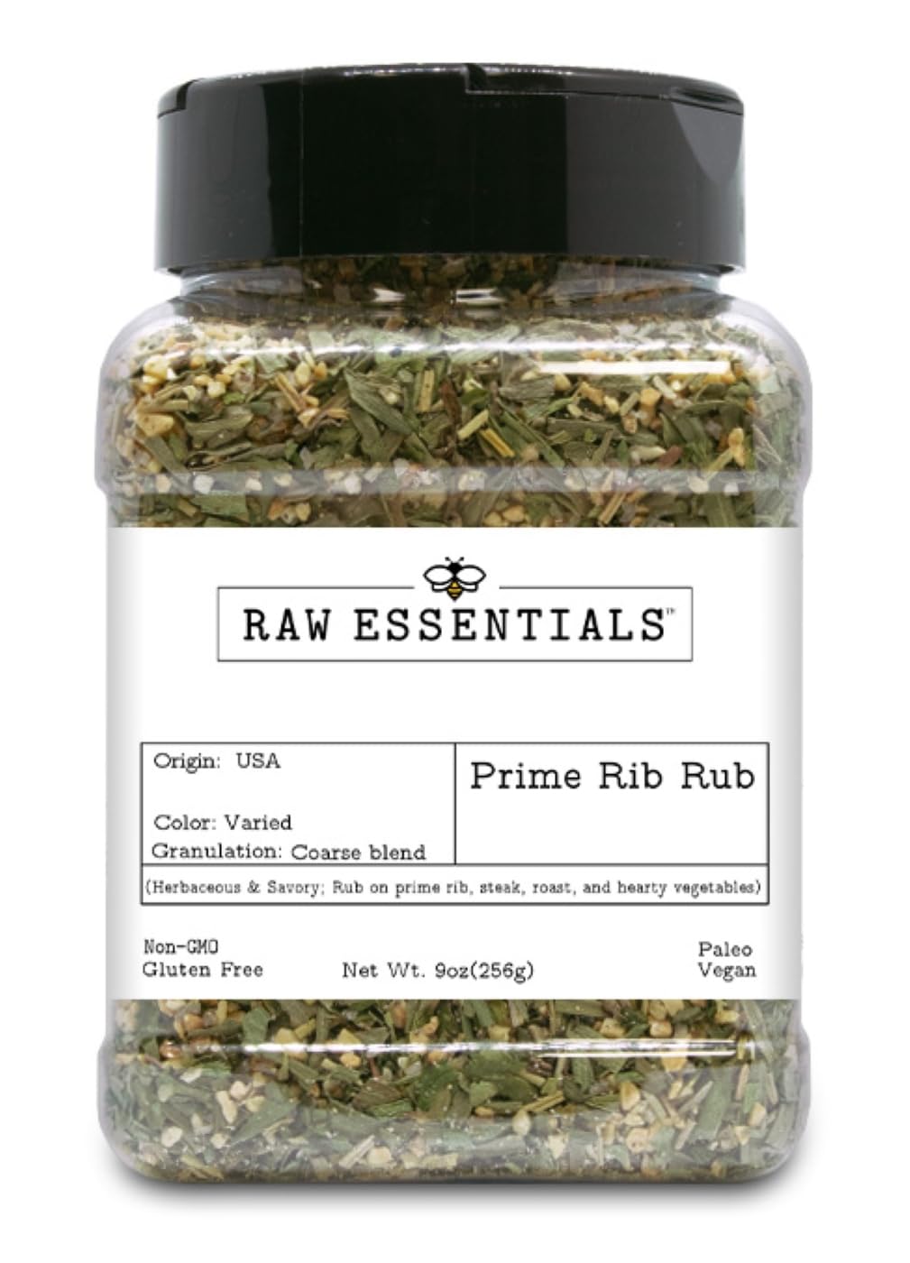 Raw Essentials Prime Rib Rub - Herbaceous and Savory - Rub on Prime Ribs, Steaks, Roasts, and Vegetables - 9 Ounce Bottle