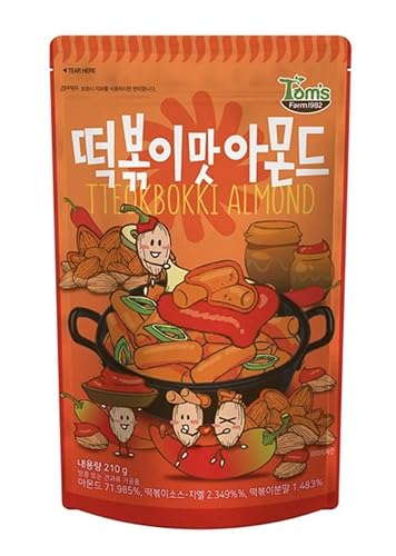 Gilim Tom's Farm Korean Seasoned Almonds Spicy Tteokbokki (Topokki) Flavor (210g) x 1 Pack