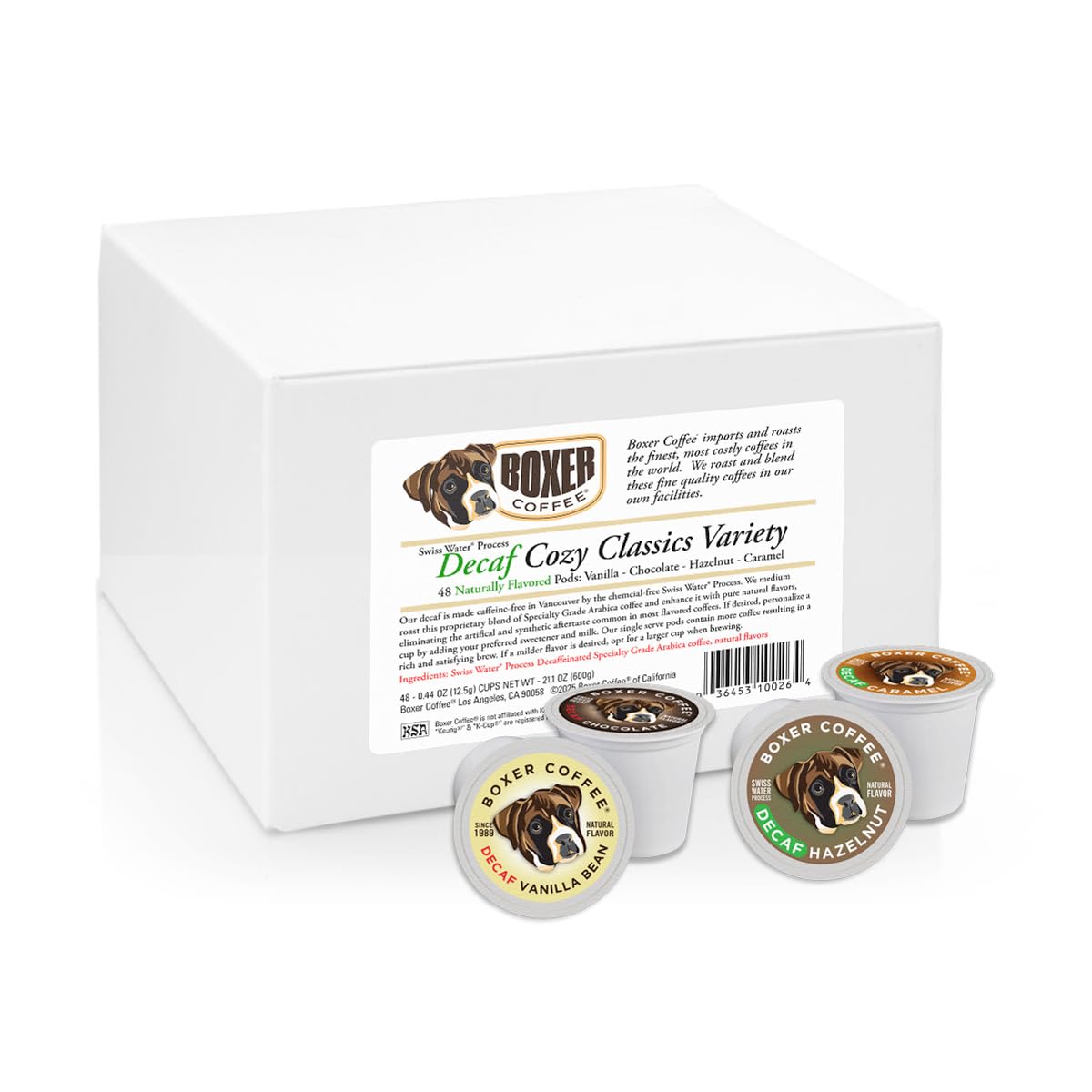 Boxer Coffee Swiss Water Decaf Cozy Classics Variety Naturally Flavored Pods compatible with Keurig K-Cup, 48 count - Vanilla, Chocolate, Hazelnut