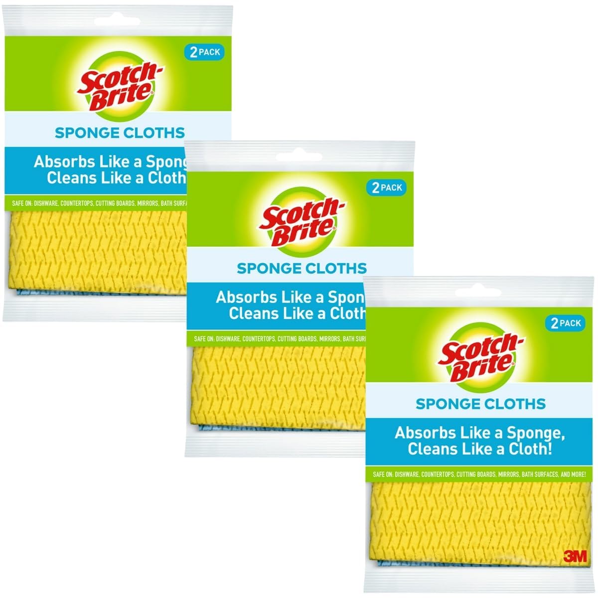 Scotch-Brite Sponge Cloth - 6-Pack (3 Packs of 2 Each), Reusable and Washable, Highly Absorbent, Multi-Purpose Cleaning Cloths