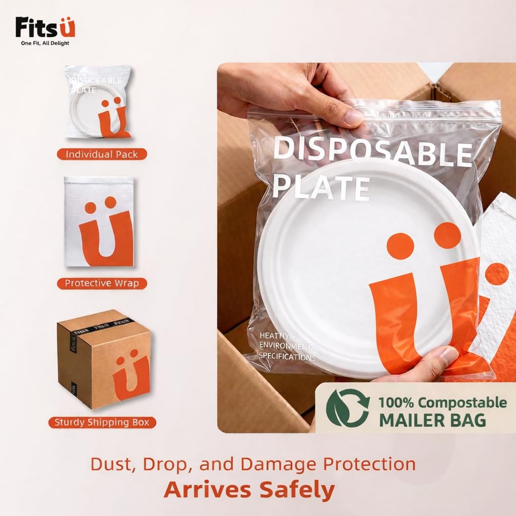 Fitsu Compostable Plates with Grease Proof Liners 108 Pack 9 Inch White Biodegradable Plates PFAS-Free Heavy Duty Sugarcane Alternative Microwave Safe