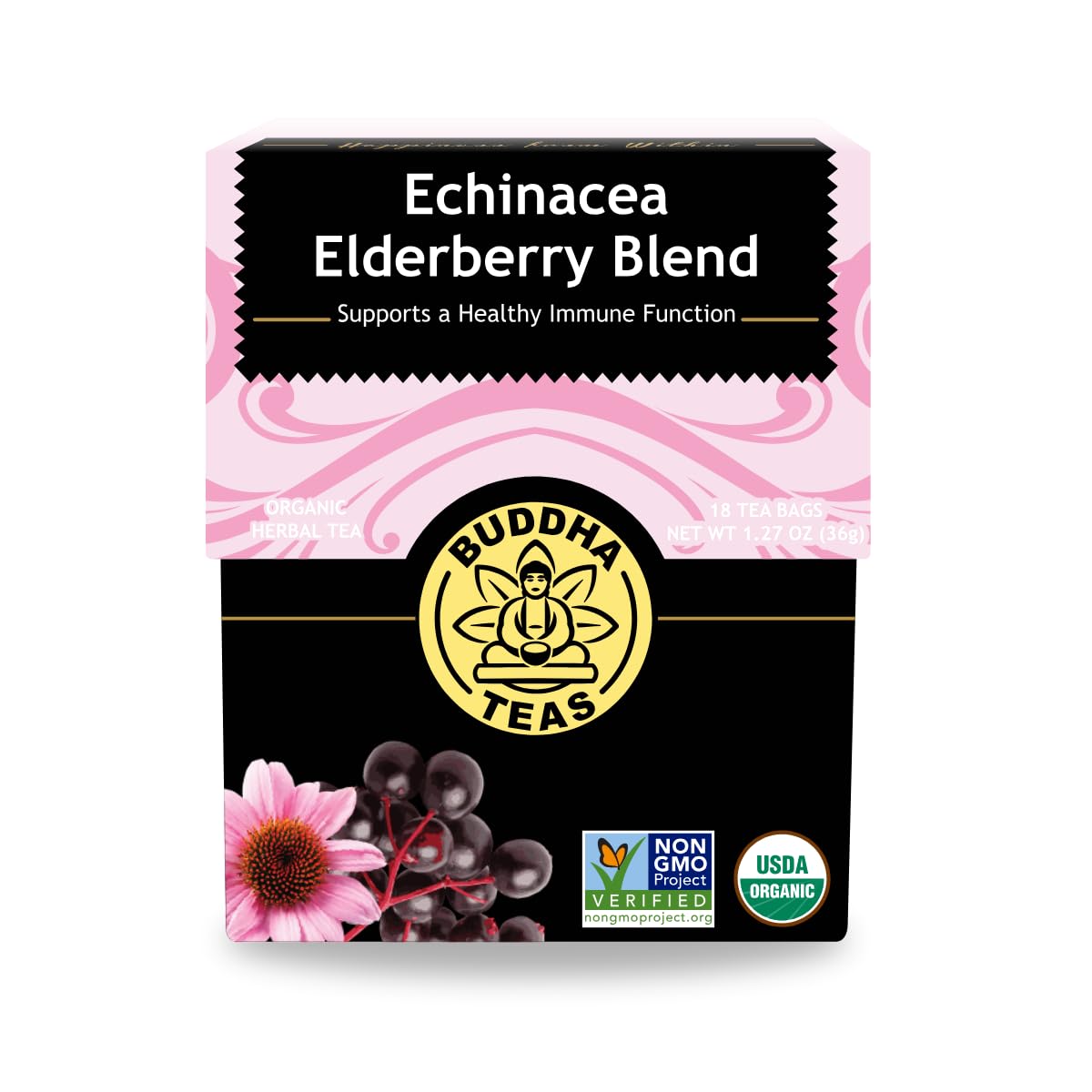 Buddha Teas - Organic Echinacea Elderberry Blend - Herbal Tea - For Health & Wellbeing - With Antioxidants & Minerals - Clean Ingredients - No