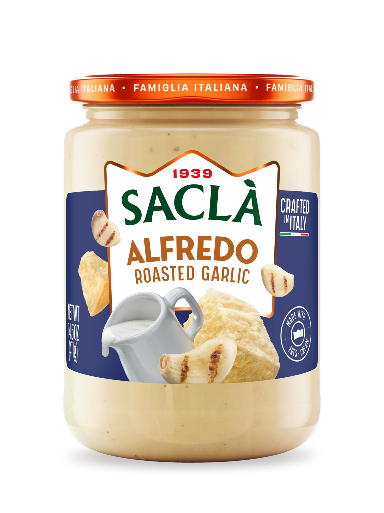 SACLA Alfredo Sauce with Roasted Garlic | Creamy Italian White Pasta Sauce with Cheese, Butter & Slow-Roasted Garlic | 14.5 oz Glass Jar | Imported