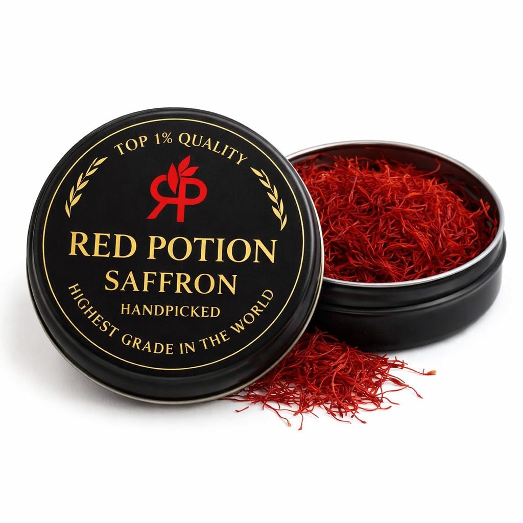 Red Potion Saffron, Kashmiri Premium Saffron Threads, Grade AAA+ Super Negin, Non-GMO. For Tea, Paella, Rice, Desserts, Golden Milk, and Risotto (5
