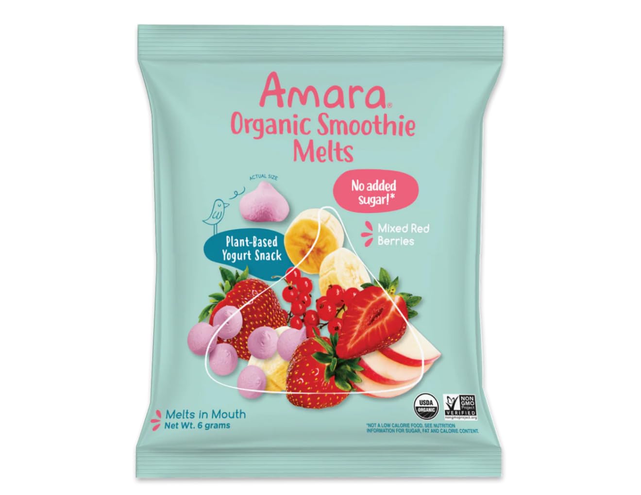 Amara Organic Smoothie Melts, Mixed Berry Flavor, Dairy Free Toddler Snacks, No Added Sugar, 20 Single Serve Pouches, 6g Each